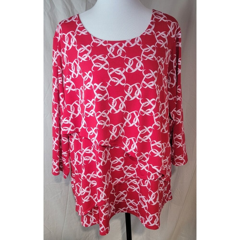 Susan Graver Womens 1X Red White Blouse Top Chainlink Layered 3/4 Sleeve Stretch